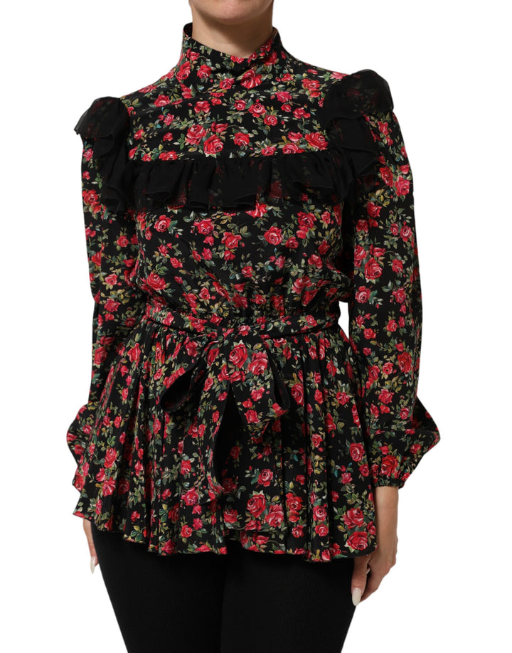 Dolce &amp; Gabbana Black Floral Print Long Sleeve Blouse Top
