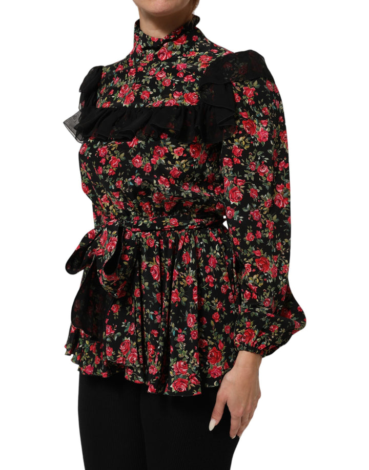 Dolce &amp; Gabbana Black Floral Print Long Sleeve Blouse Top