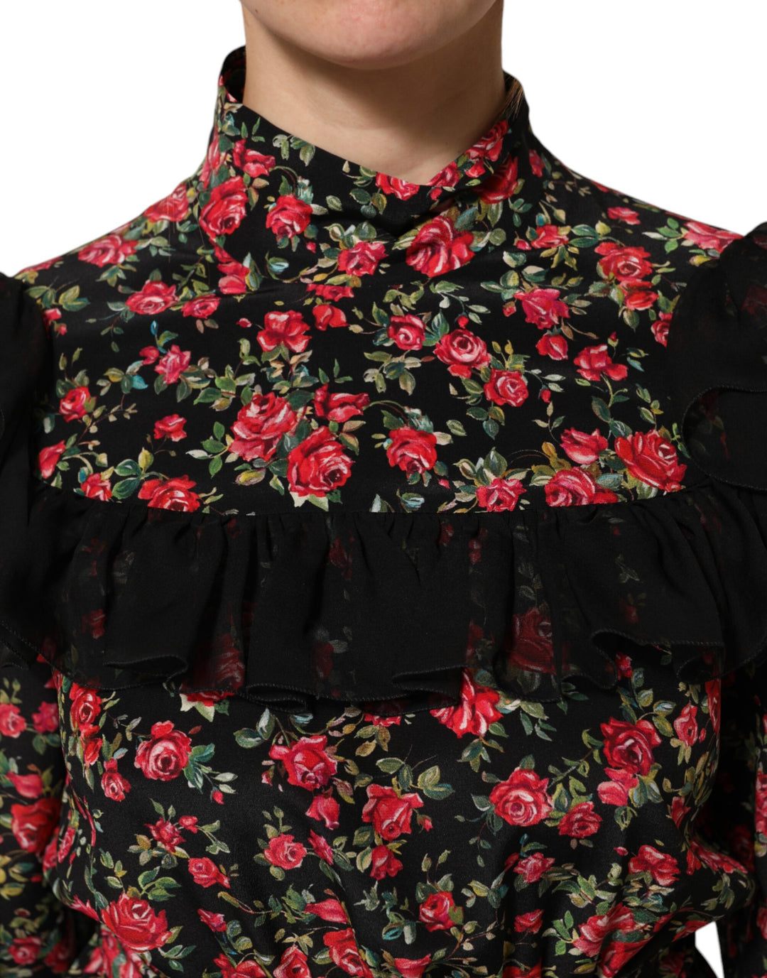 Dolce &amp; Gabbana Black Floral Print Long Sleeve Blouse Top