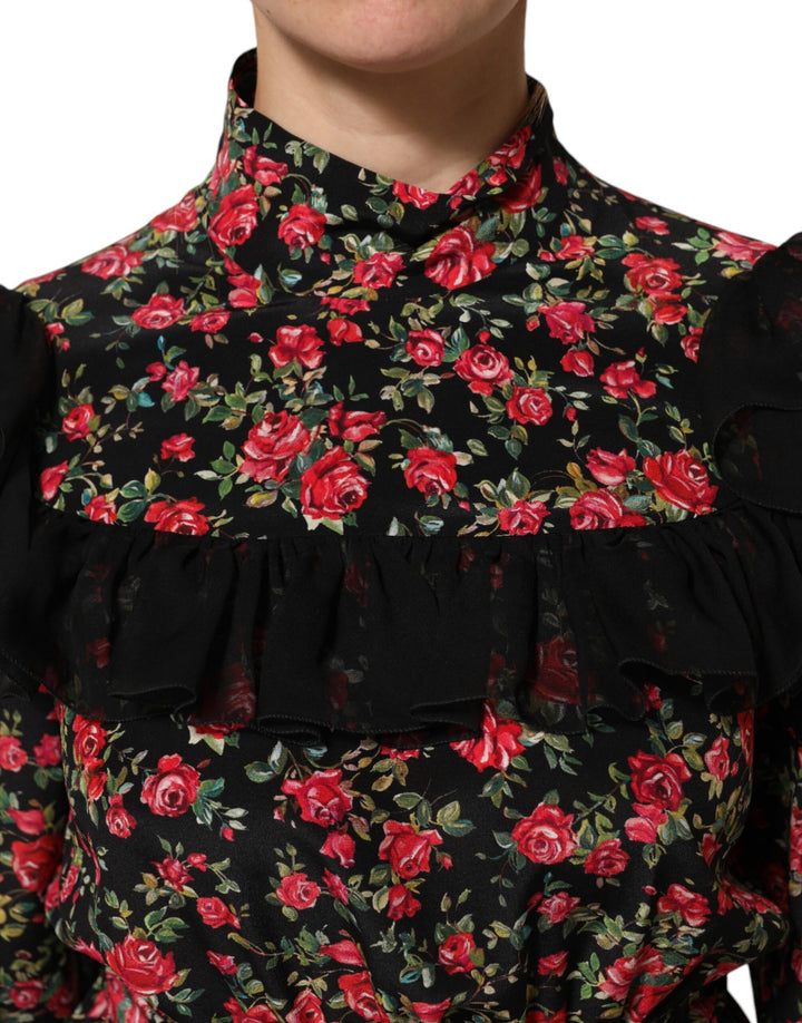 Dolce &amp; Gabbana Black Floral Print Long Sleeve Blouse Top