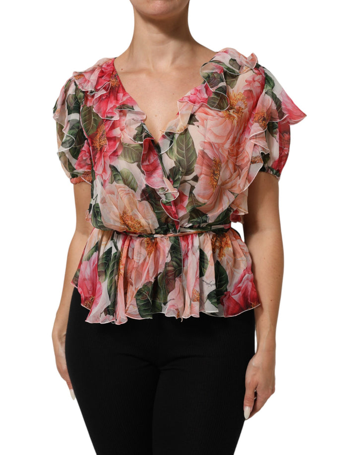Dolce &amp; Gabbana Pink Camellias Printed Silk V-neck Blouse Top