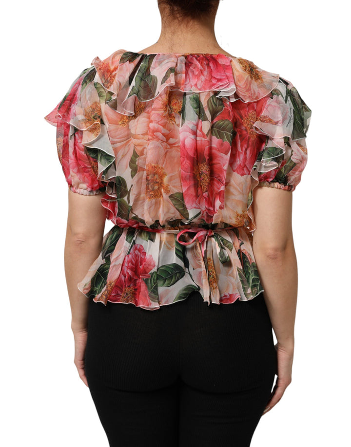 Dolce &amp; Gabbana Pink Camellias Printed Silk V-neck Blouse Top