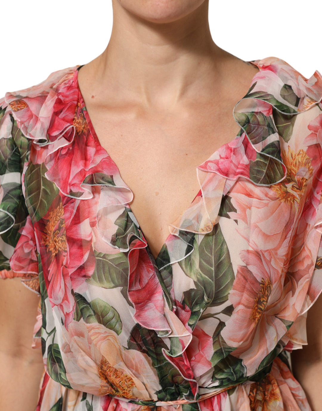 Dolce &amp; Gabbana Pink Camellias Printed Silk V-neck Blouse Top