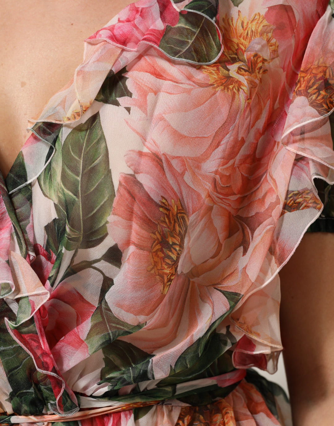 Dolce &amp; Gabbana Pink Camellias Printed Silk V-neck Blouse Top