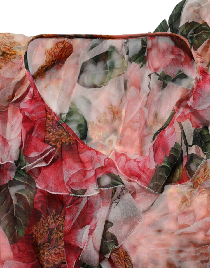 Dolce &amp; Gabbana Pink Camellias Printed Silk V-neck Blouse Top