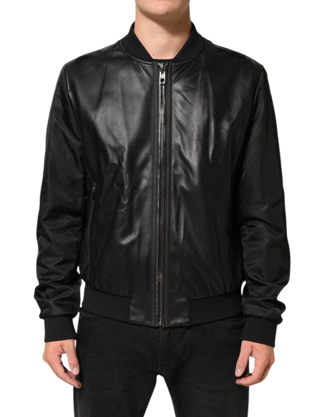 Dolce &amp; Gabbana Black Leather Nylon FullZip Blouson Jacket