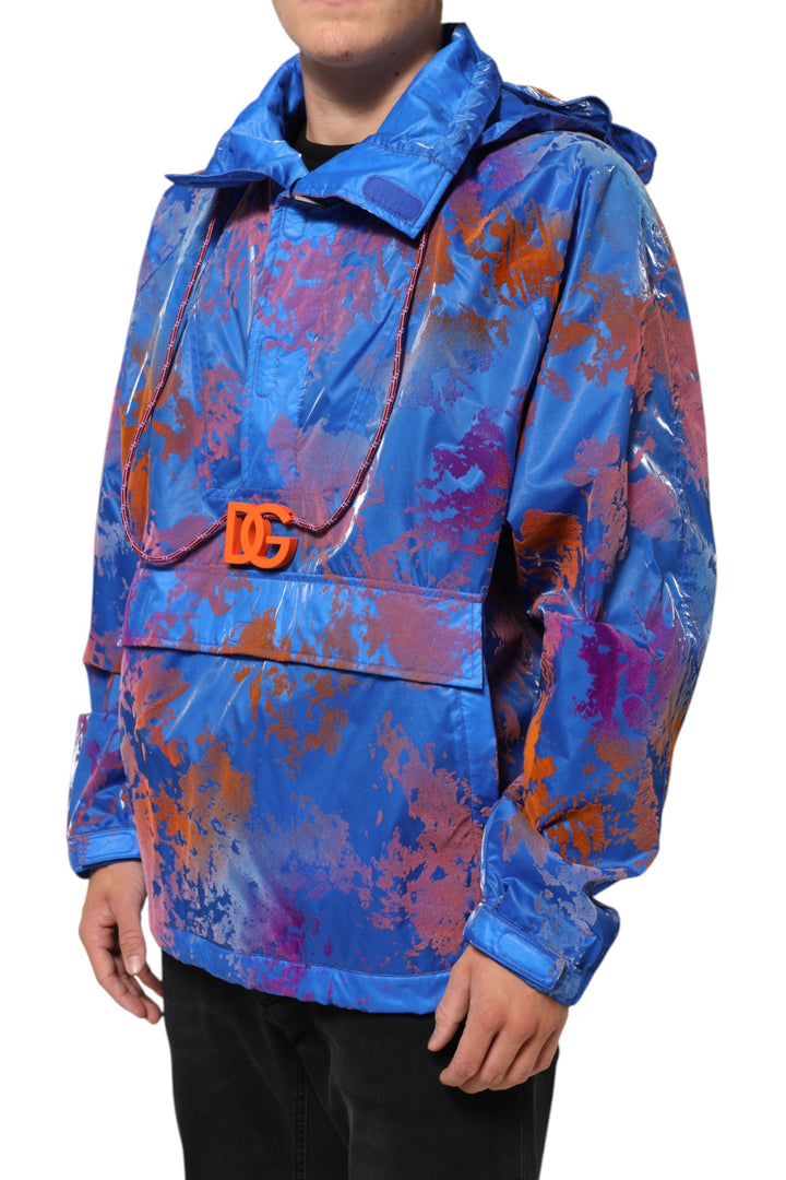 Dolce &amp; Gabbana Blue Tie Dye Logo Hooded Sweatshirt Jacket