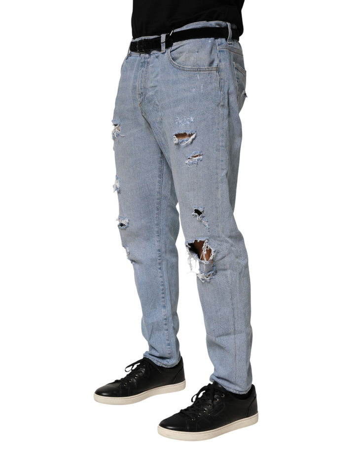 Dolce &amp; Gabbana Blue Cotton Distressed Slim Fit Denim Jeans