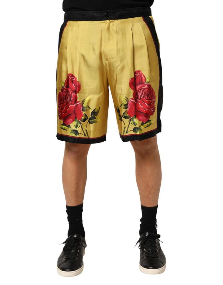 Dolce &amp; Gabbana Yellow Floral Print Silk Men Bermuda Shorts