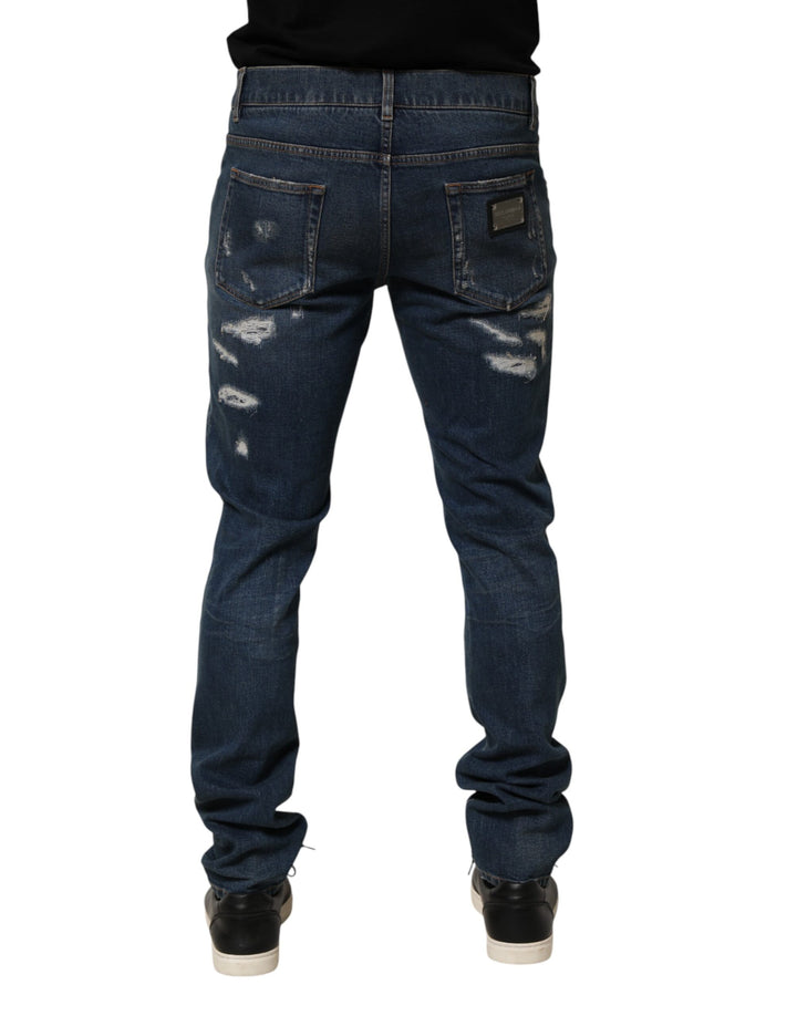 Dolce &amp; Gabbana Blue Tattered Cotton Skinny Men Denim Jeans