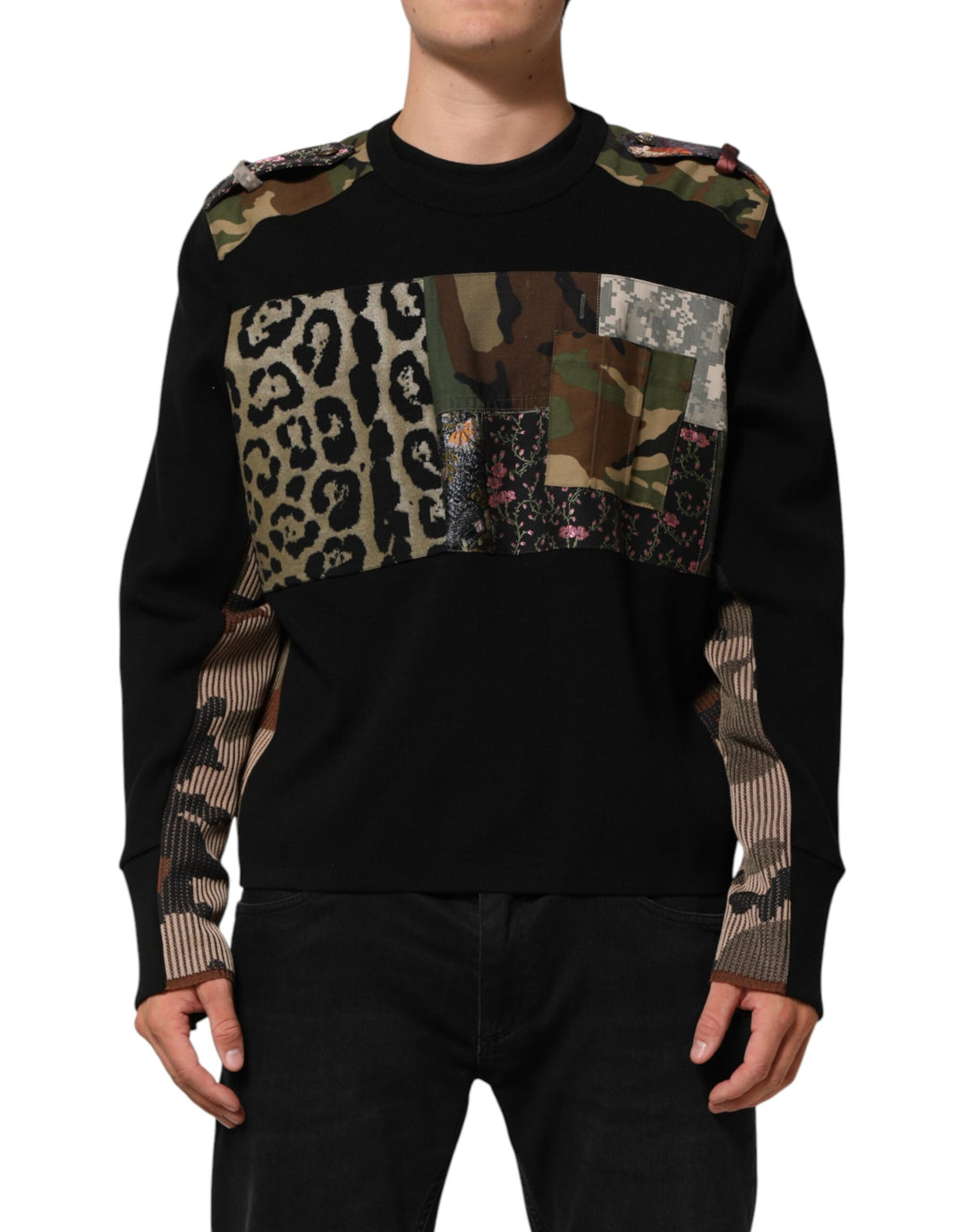 Dolce &amp; Gabbana Black Patchwork Crew Neck Pullover Sweater