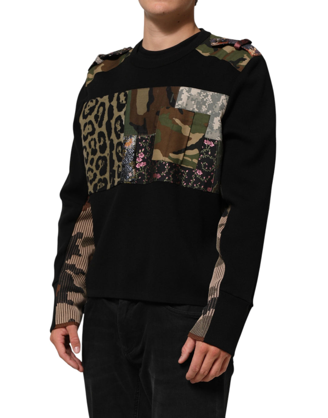 Dolce &amp; Gabbana Black Patchwork Crew Neck Pullover Sweater