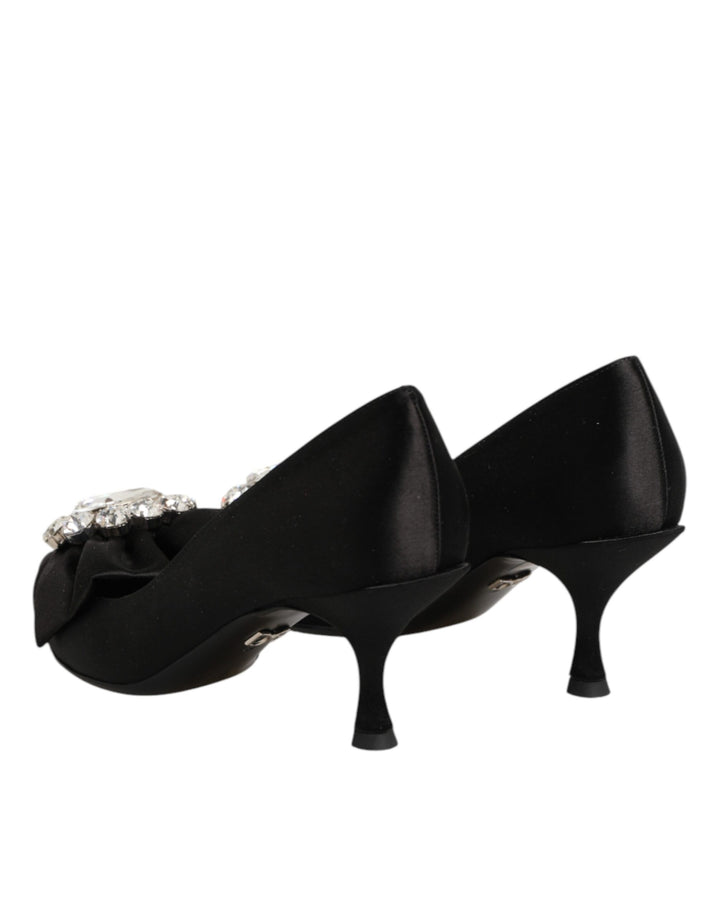 Dolce &amp; Gabbana Black Satin Bow Crystal Embellishment Pumps Shoes