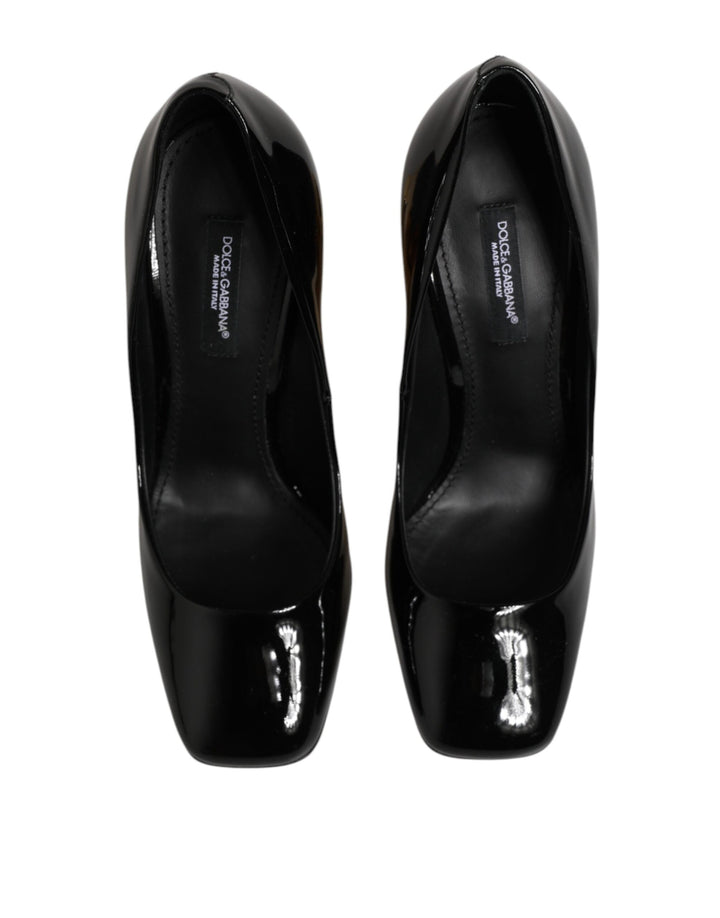 Dolce &amp; Gabbana Black Gold Patent Leather Logo Heels Pumps Shoes