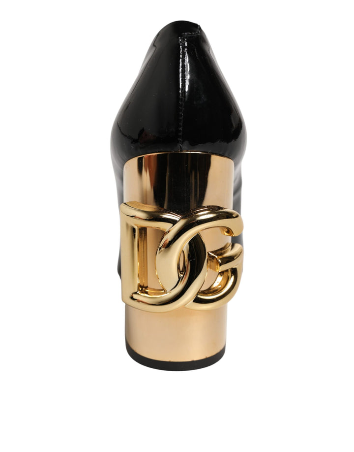 Dolce &amp; Gabbana Black Gold Patent Leather Logo Heels Pumps Shoes