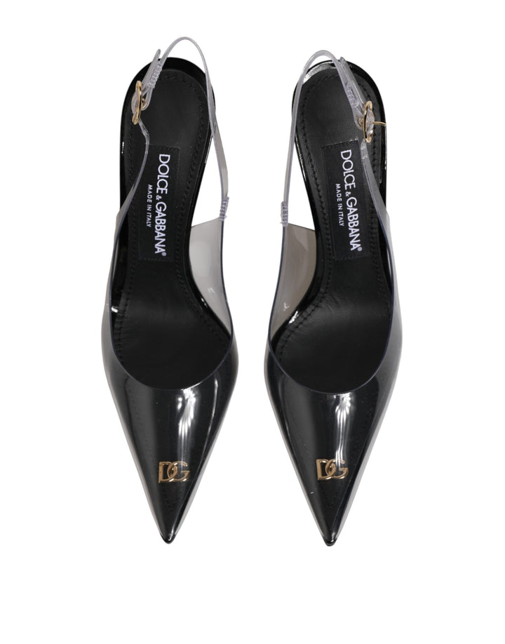 Dolce &amp; Gabbana Black Leather Clear PVC Slingback Pumps Shoes