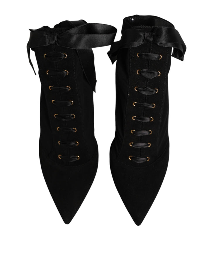 Dolce &amp; Gabbana Black Stiletto Heels Lace Up Boots Shoes