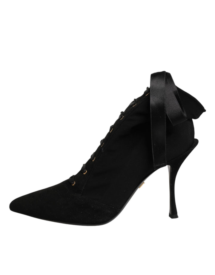 Dolce &amp; Gabbana Black Stiletto Heels Lace Up Boots Shoes
