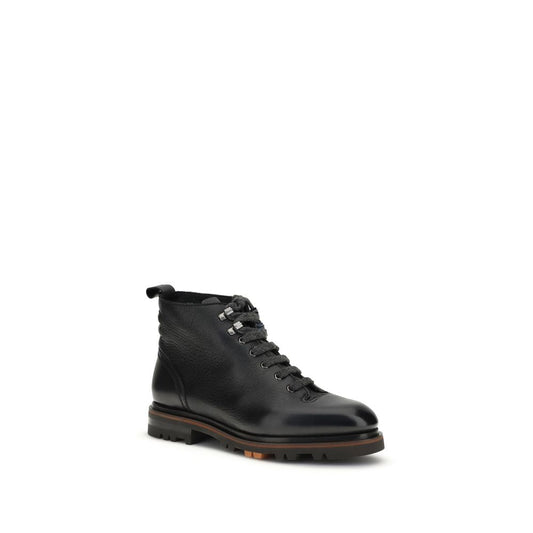Santoni Black Calf Leather Bos Taurus Lace-Up Boots