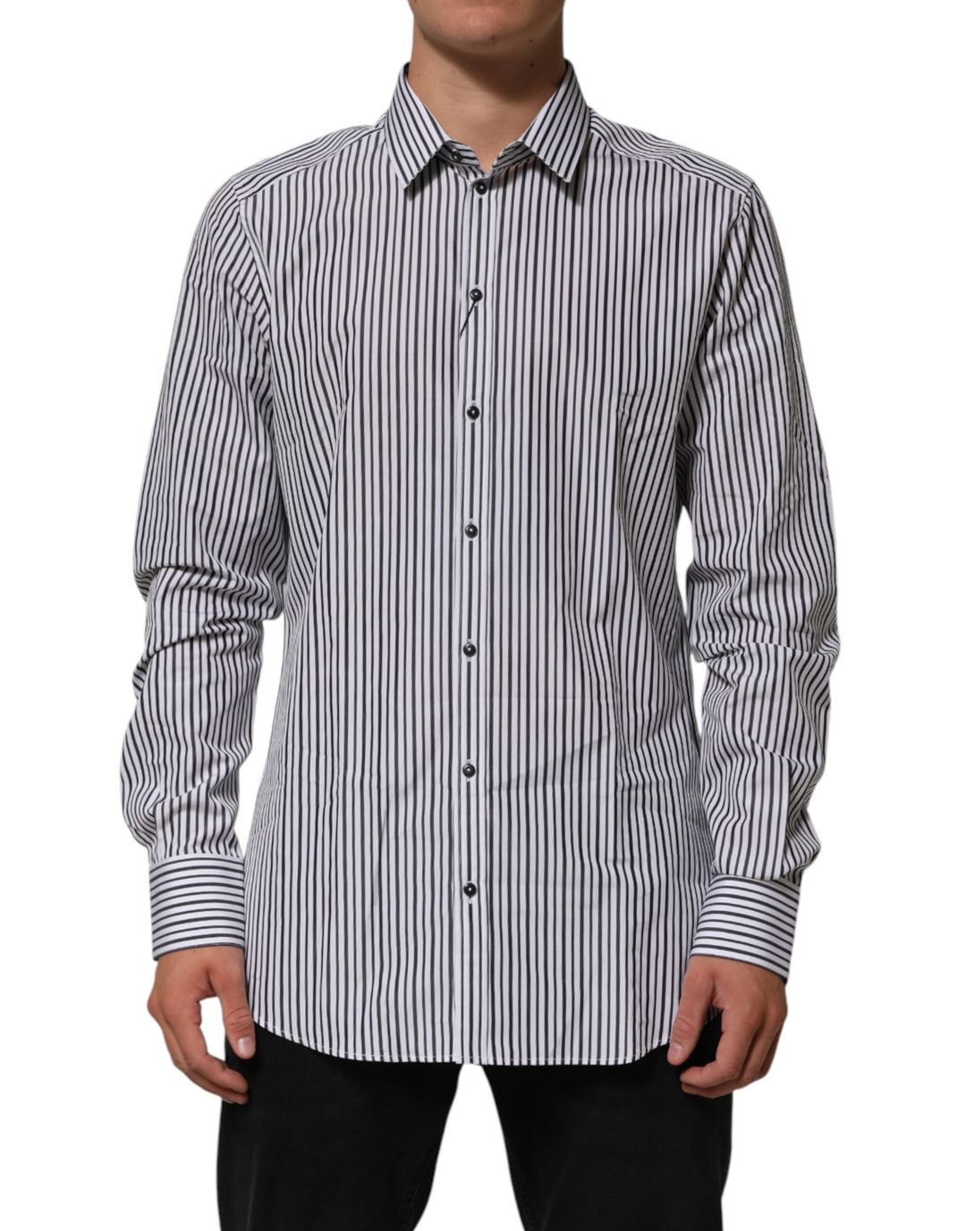 Dolce &amp; Gabbana Black White Stripes Men GOLD Dress Shirt