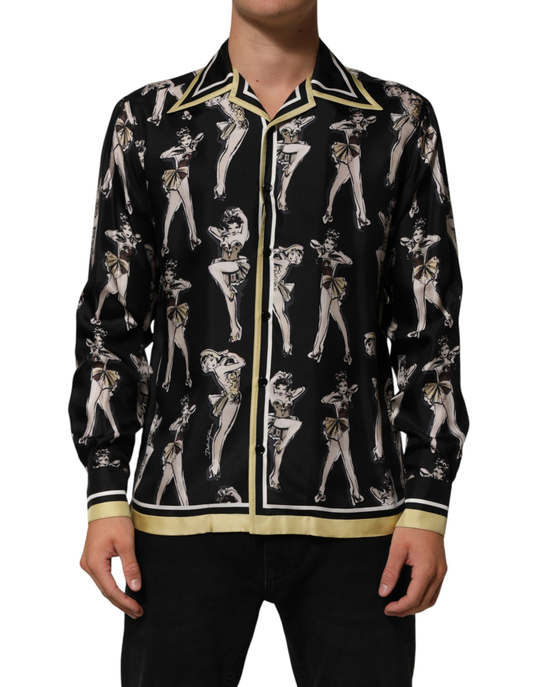 Dolce &amp; Gabbana Black Silk Pin Up Printed Button Down Shirt