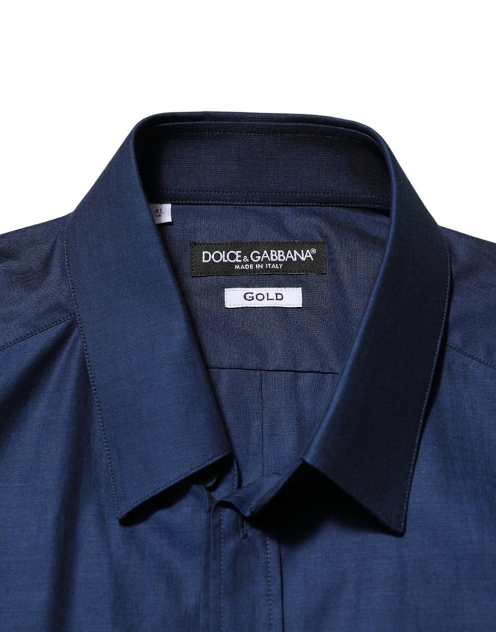Dolce &amp; Gabbana Blue Cotton Collared Men GOLD Dress Shirt