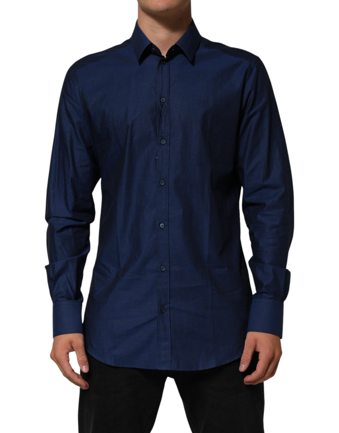 Dolce &amp; Gabbana Blue Cotton Collared Men GOLD Dress Shirt