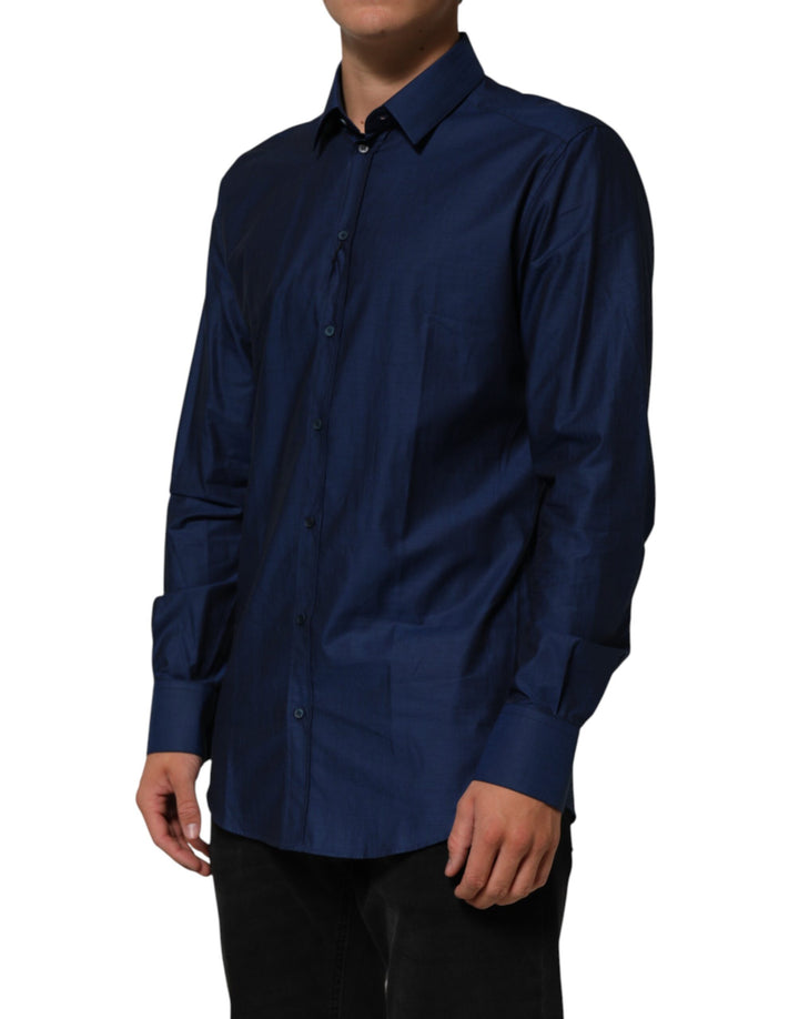 Dolce &amp; Gabbana Blue Cotton Collared Men GOLD Dress Shirt