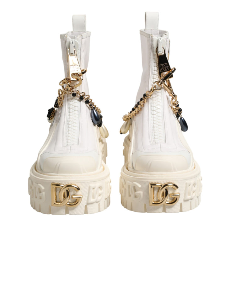 Dolce &amp; Gabbana White Leather Rubber Logo Ankle Boots Shoes
