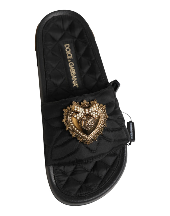 Dolce &amp; Gabbana Black Devotion Matelassé Leather Slides Shoes
