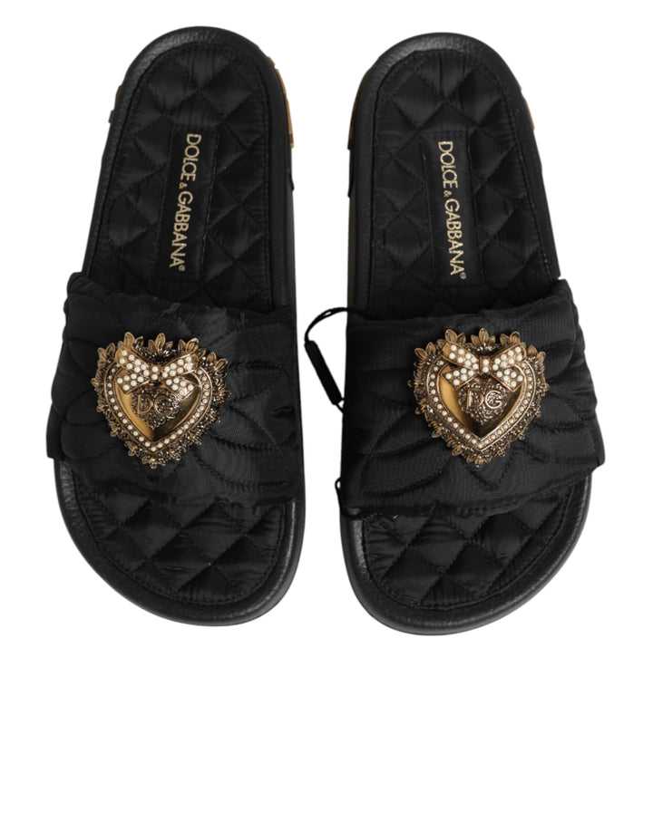Dolce &amp; Gabbana Black Devotion Matelassé Leather Slides Shoes