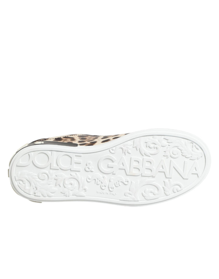 Dolce &amp; Gabbana Brown Leather Leopard Low Top Sneakers Shoes
