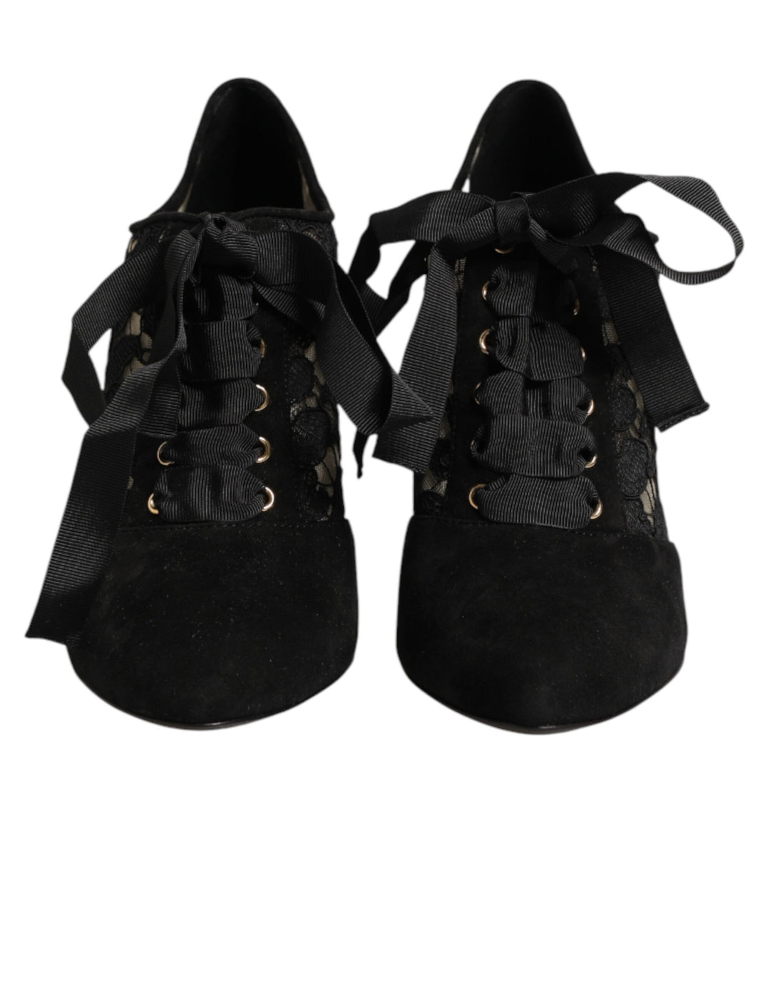 Dolce &amp; Gabbana Black Floral High Heels LACE-UPS Pumps Shoes