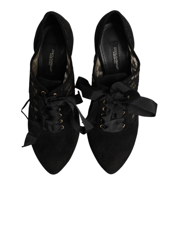 Dolce &amp; Gabbana Black Floral High Heels LACE-UPS Pumps Shoes
