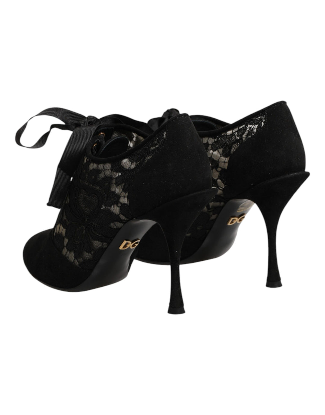 Dolce &amp; Gabbana Black Floral High Heels LACE-UPS Pumps Shoes