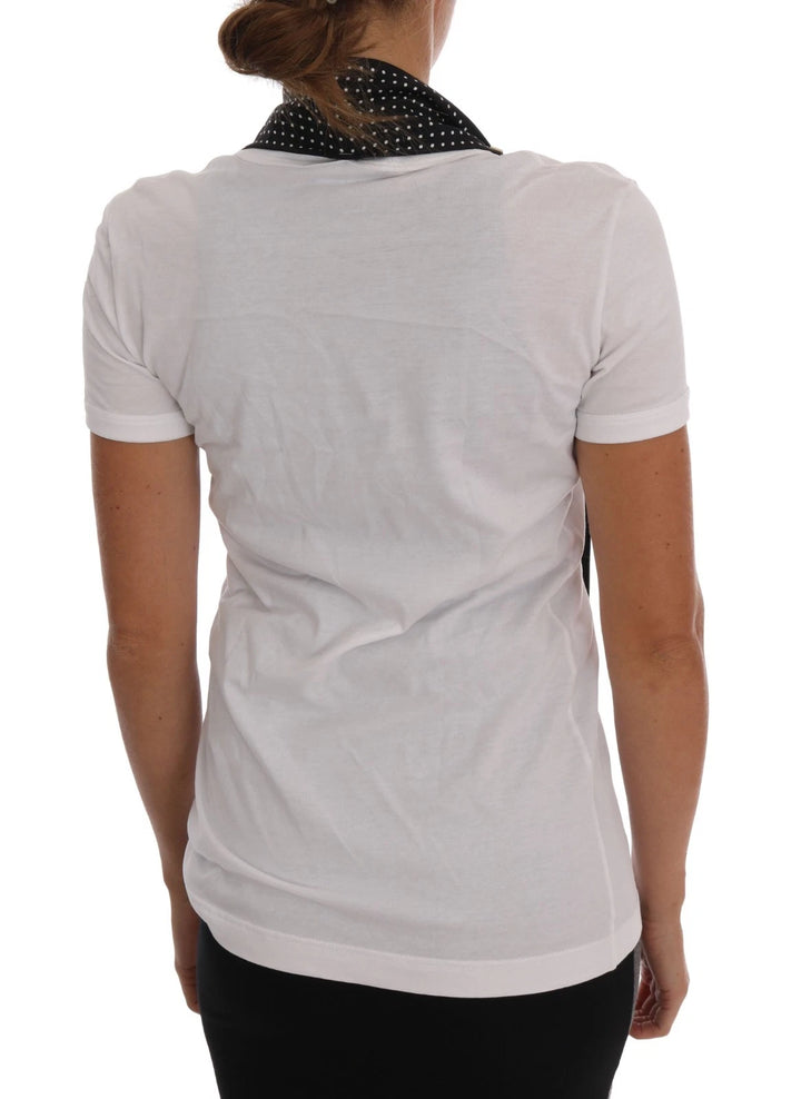 Dolce &amp; Gabbana White Cotton Black Silk Scarf Top T-shirt