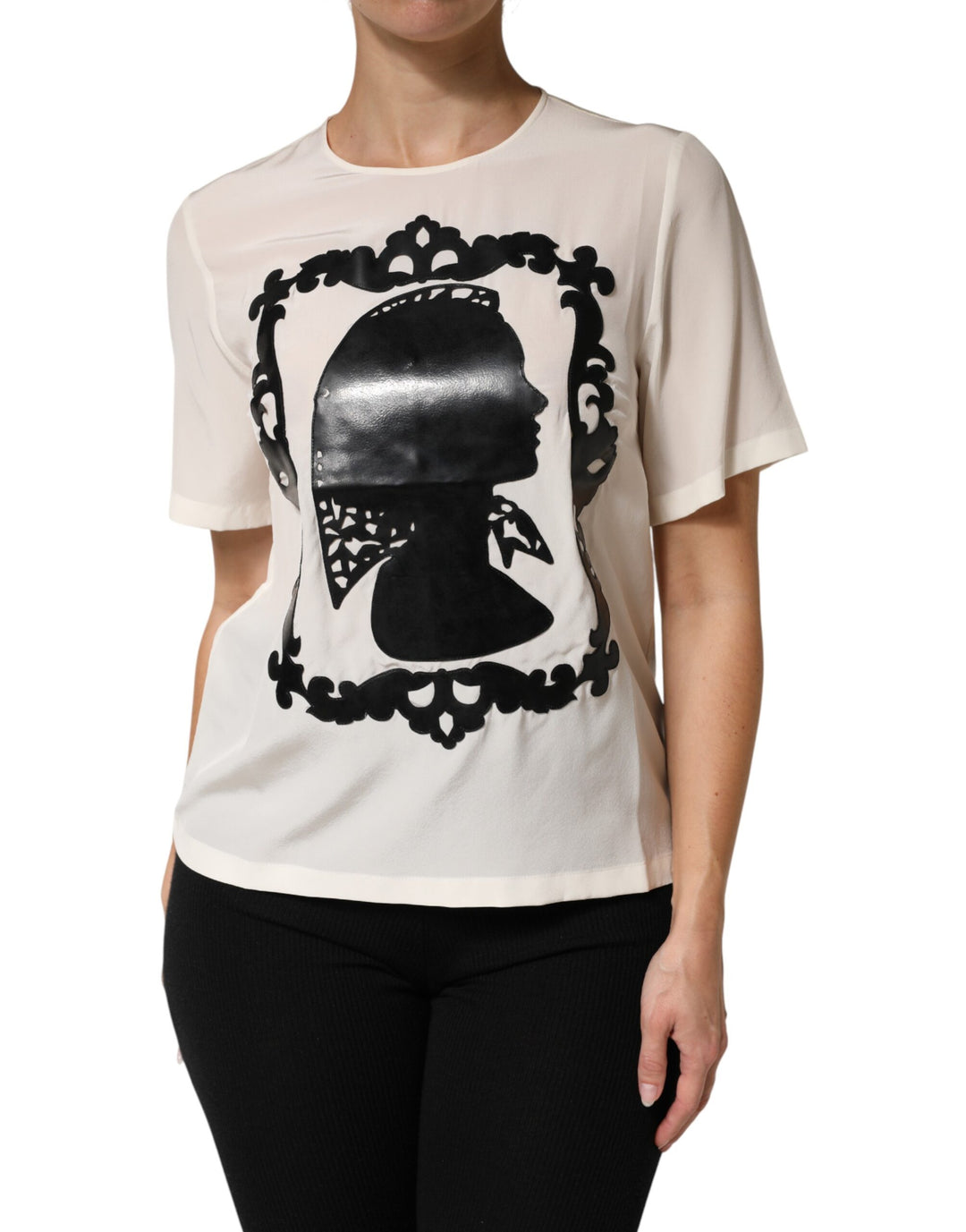Dolce &amp; Gabbana Cream Silk Silhouette Detail Short Sleeve Top