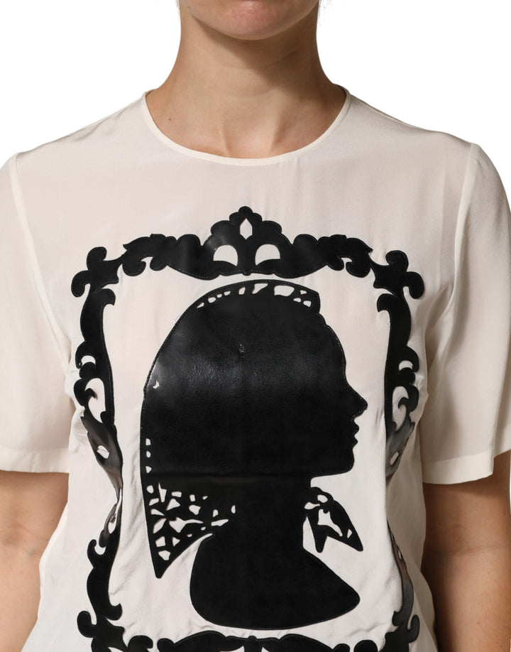 Dolce &amp; Gabbana Cream Silk Silhouette Detail Short Sleeve Top