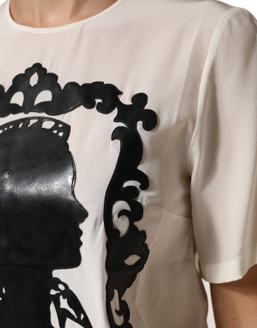 Dolce &amp; Gabbana Cream Silk Silhouette Detail Short Sleeve Top