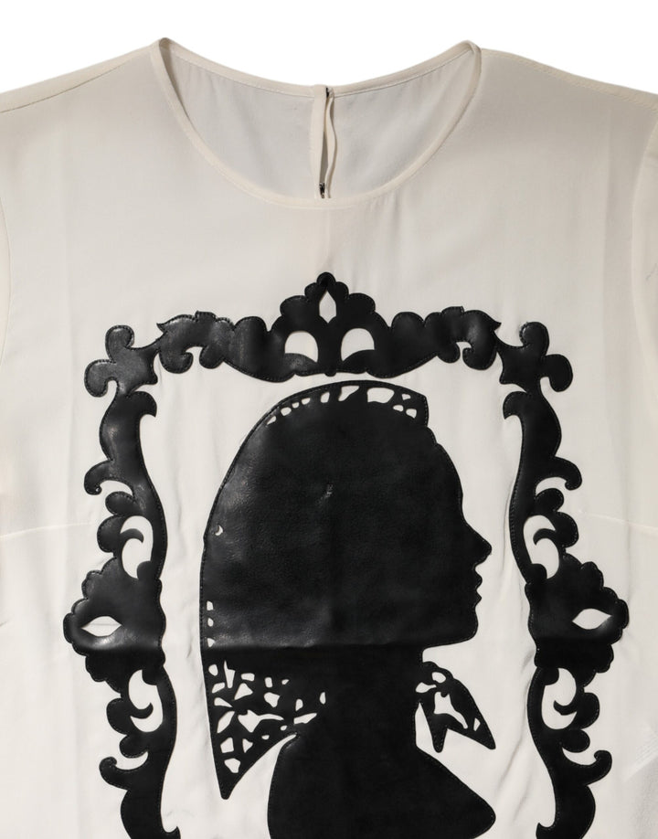 Dolce &amp; Gabbana Cream Silk Silhouette Detail Short Sleeve Top
