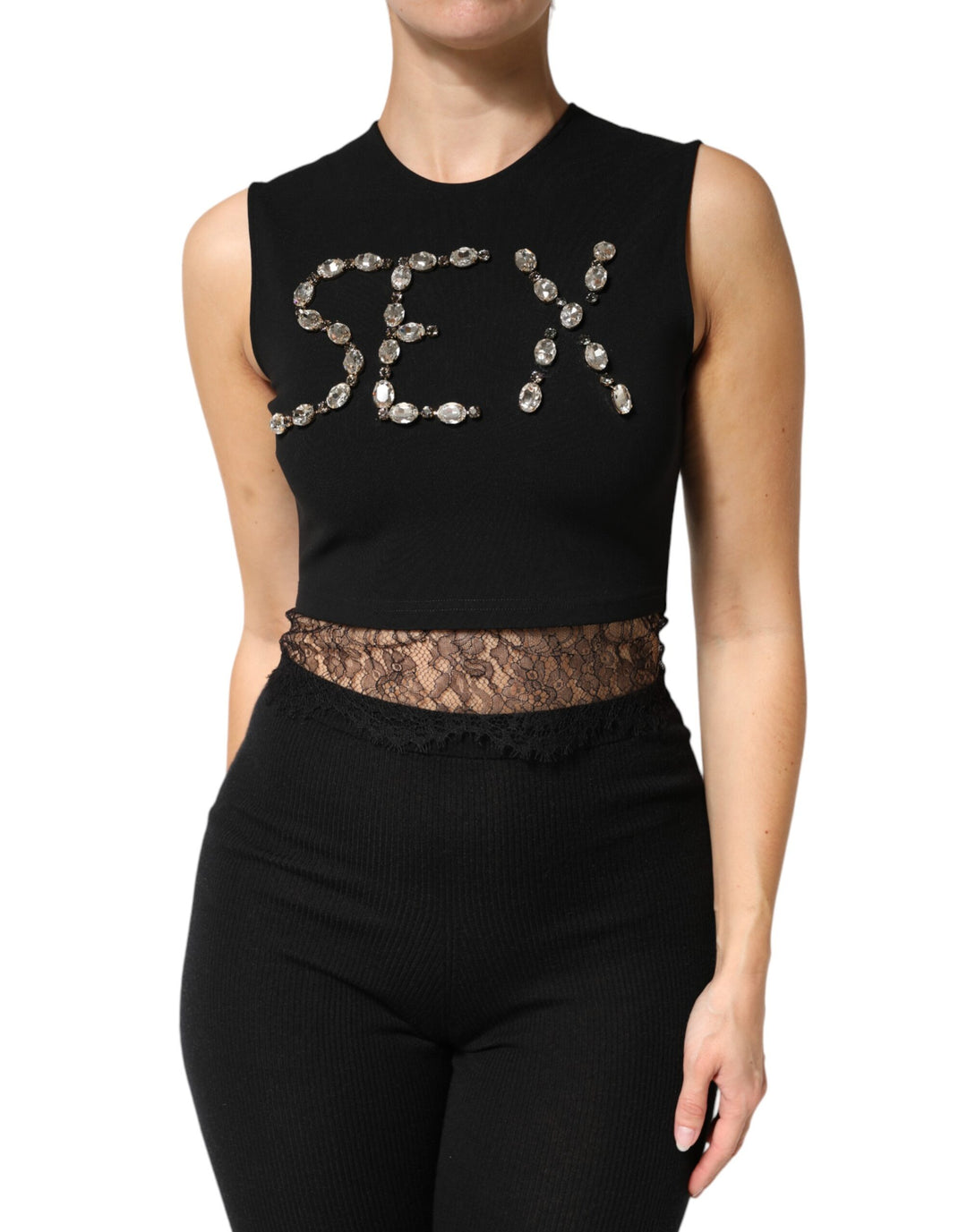 Dolce &amp; Gabbana Black Jersey Lace Ruching Rhinestone Tank Top