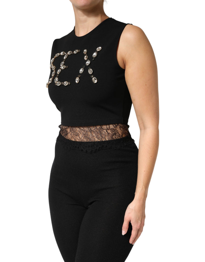 Dolce &amp; Gabbana Black Jersey Lace Ruching Rhinestone Tank Top