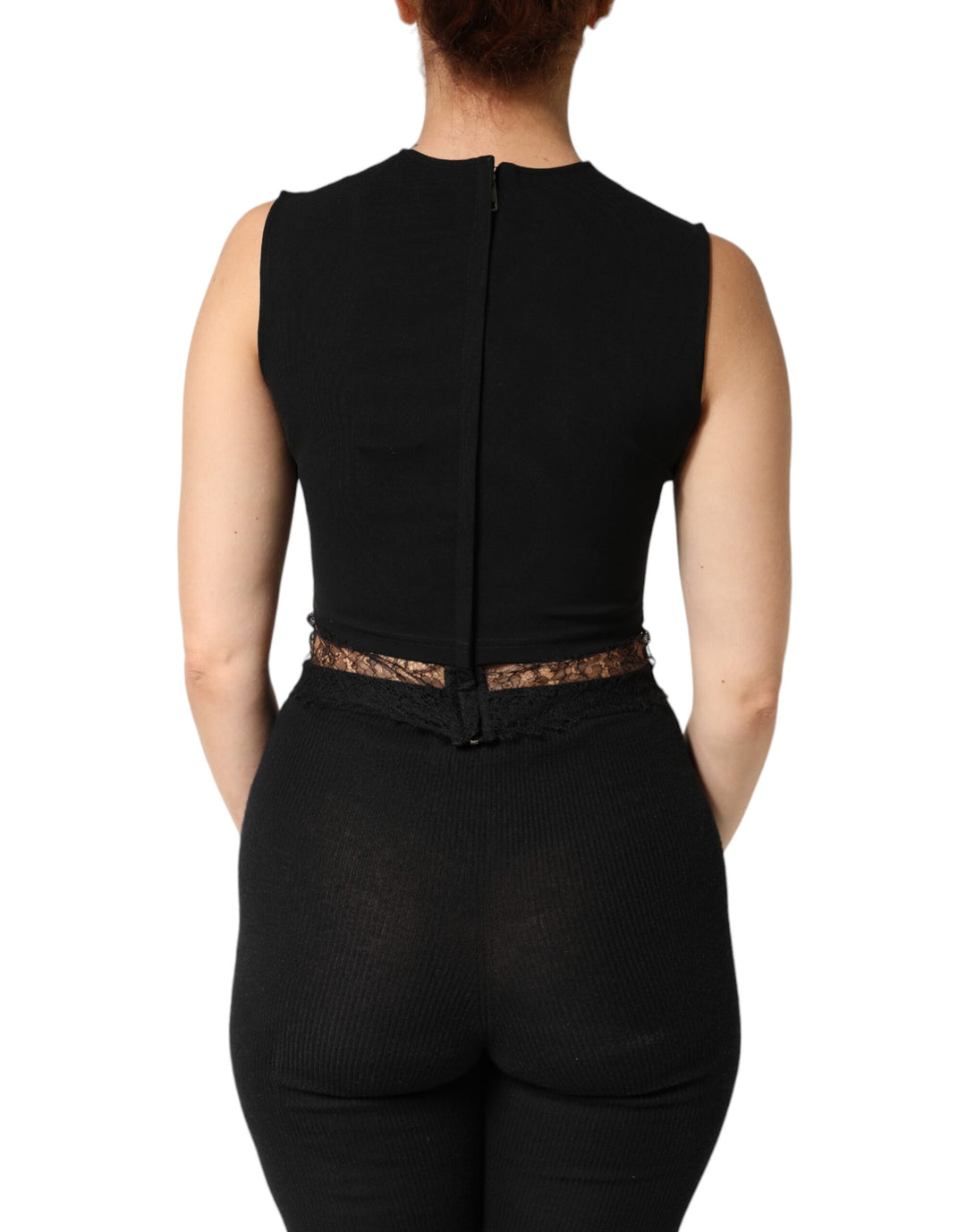 Dolce &amp; Gabbana Black Jersey Lace Ruching Rhinestone Tank Top