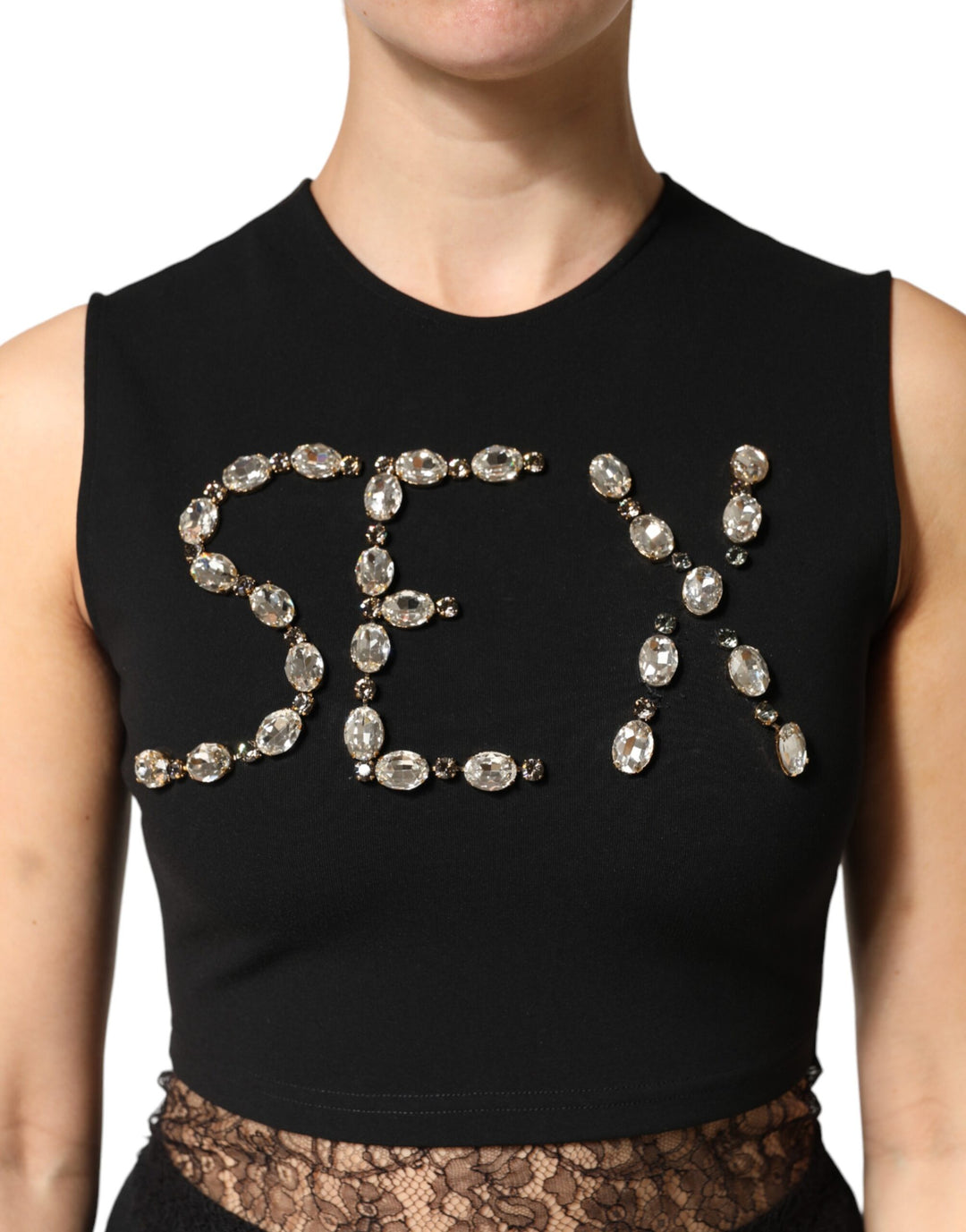 Dolce &amp; Gabbana Black Jersey Lace Ruching Rhinestone Tank Top