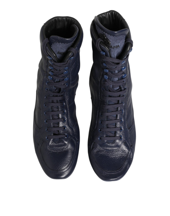 Dolce &amp; Gabbana Dark Blue Deer Leather Mid Calf Boots Shoes