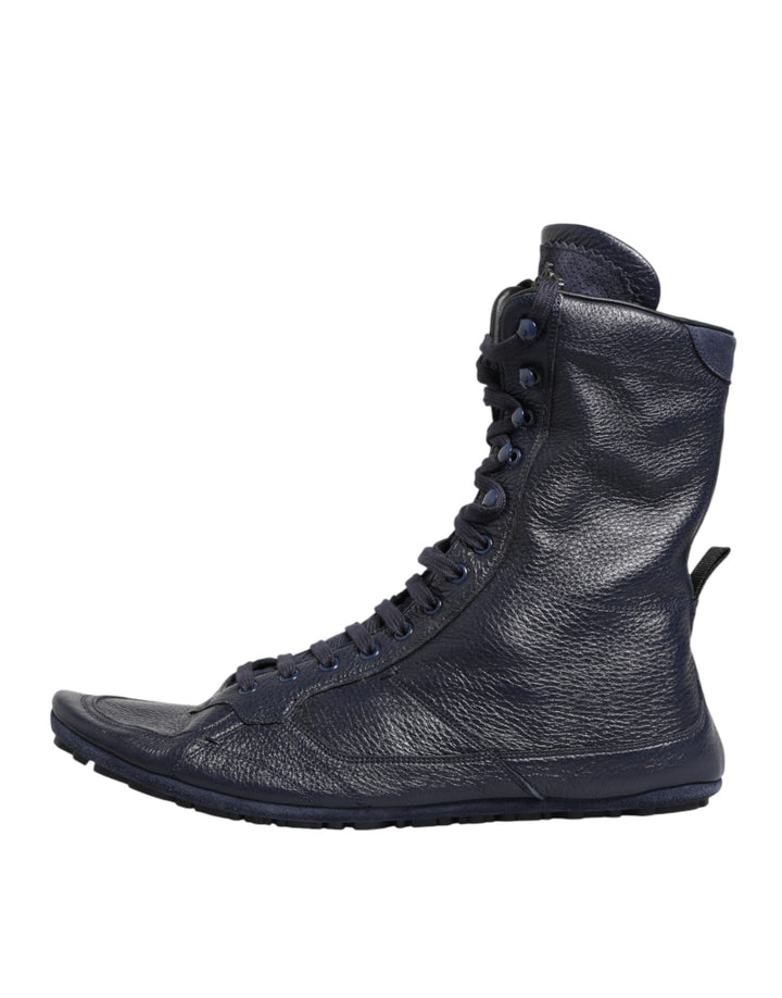 Dolce &amp; Gabbana Dark Blue Deer Leather Mid Calf Boots Shoes