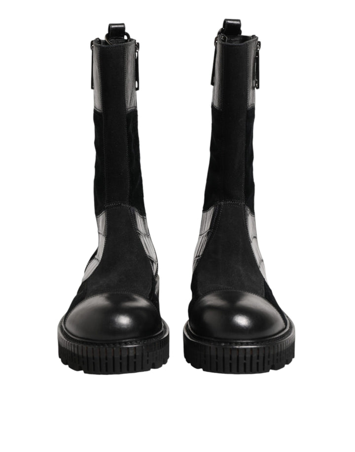 Dolce &amp; Gabbana Black Patchwork Leather Mid Calf Boot  Shoes
