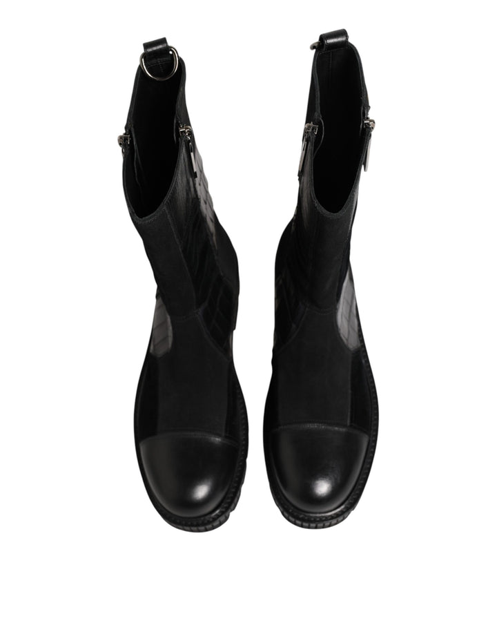 Dolce &amp; Gabbana Black Patchwork Leather Mid Calf Boot  Shoes