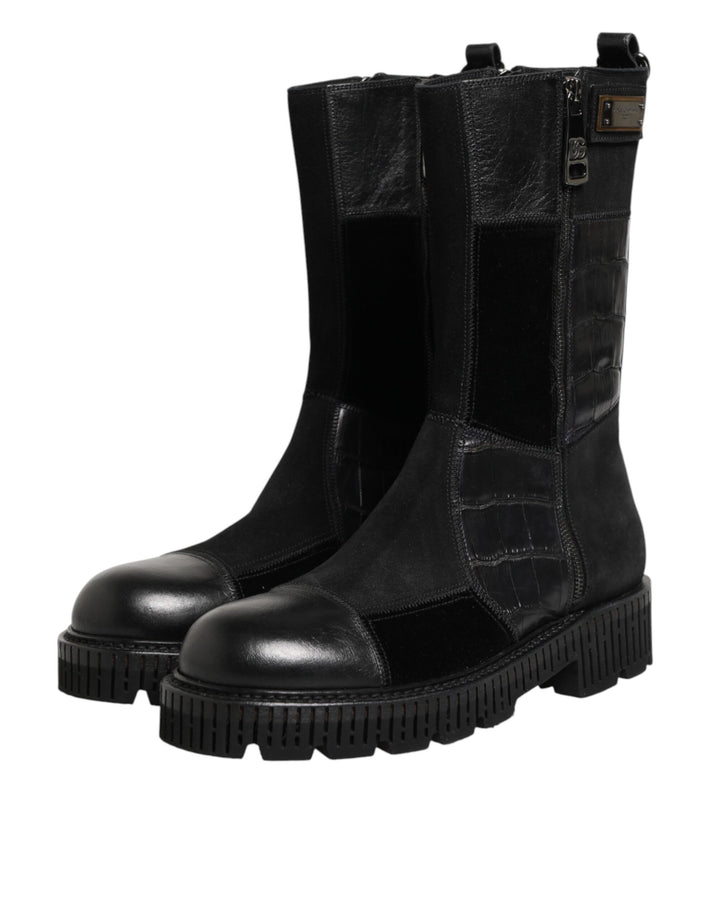 Dolce &amp; Gabbana Black Patchwork Leather Mid Calf Boot  Shoes