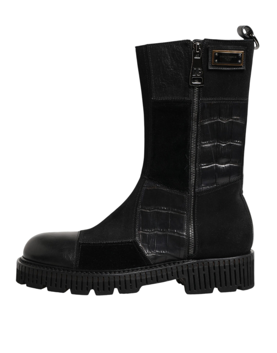 Dolce &amp; Gabbana Black Patchwork Leather Mid Calf Boot  Shoes
